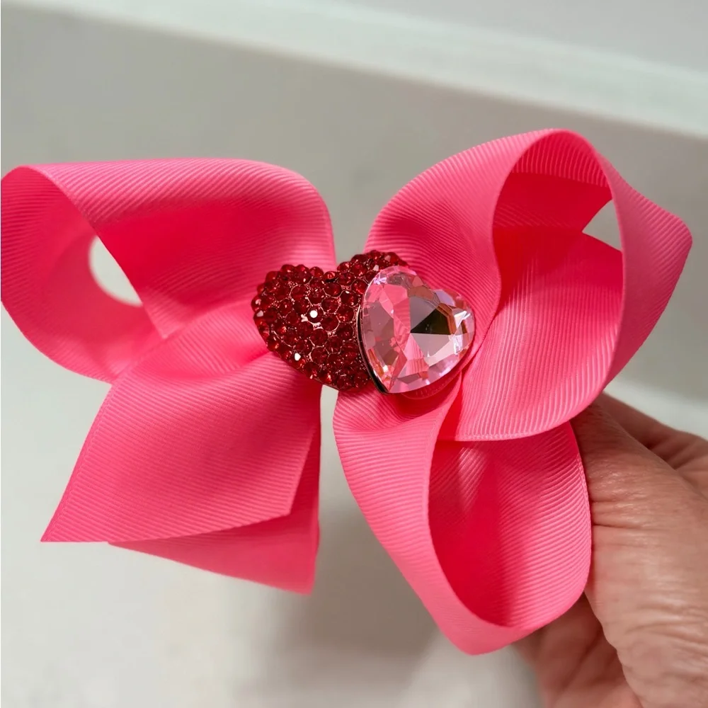 Large Girls Pink Valentine Heart Bow w Double Heart Crystal Brooch Center. NEW